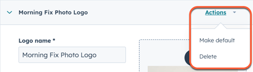 Brand Identity Change Default Logo: Dropdown menu to change or delete a logo.