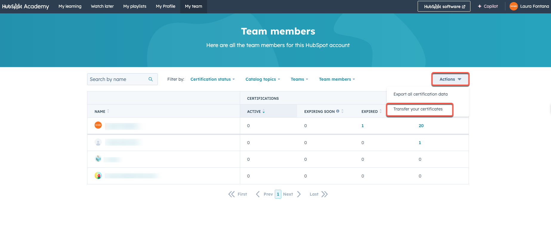 screenshot showing action button to transfer HubSpot Academy certificates