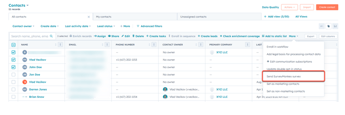 screenshot showing how to send SurveyMonkey survey from contact view