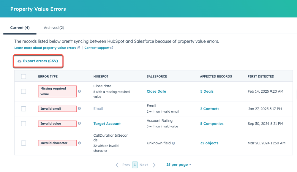 screenshot showing the button to export Salesforce sync errors in HubSpot